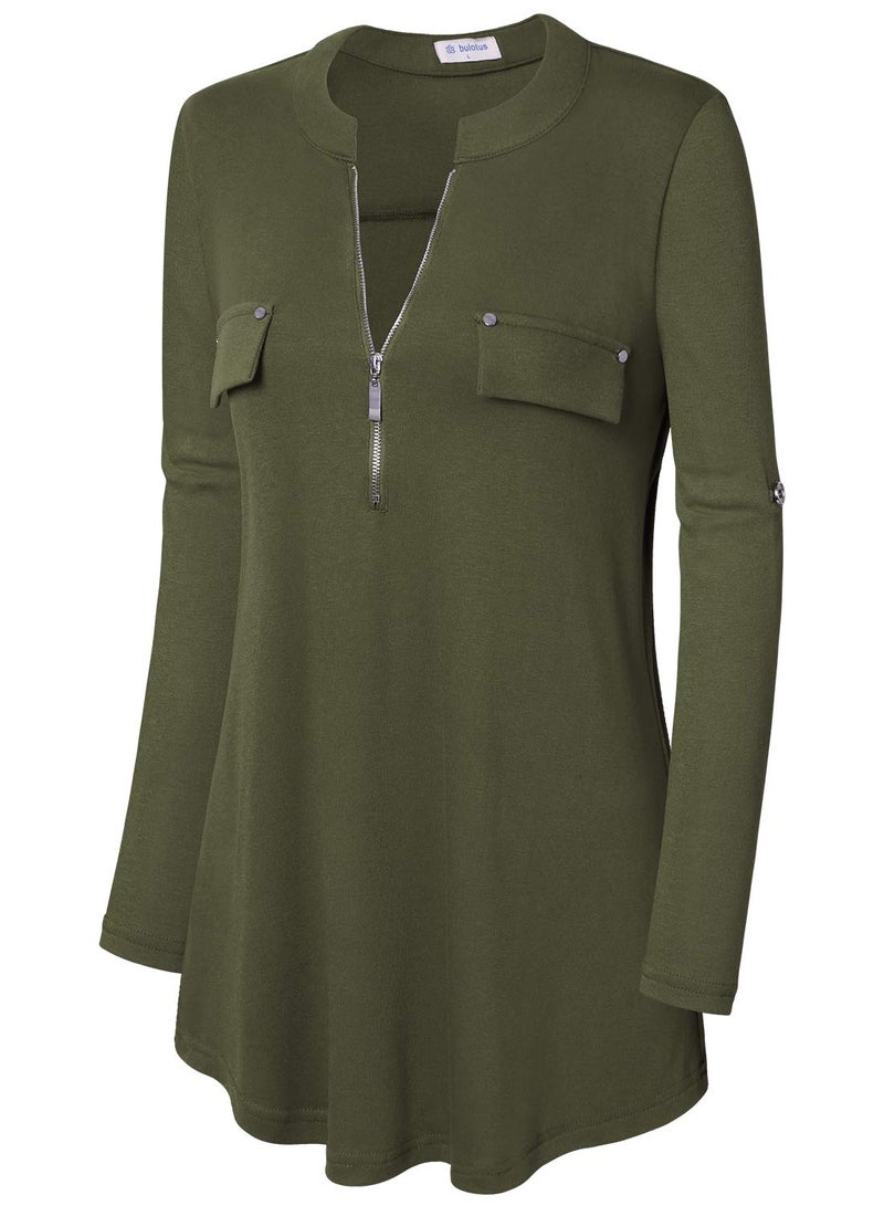 Bulotus Women's Plus Size Solid 3/4 Sleeve Zipper Top Casual Shirt,Green,XX-Large - Image 5